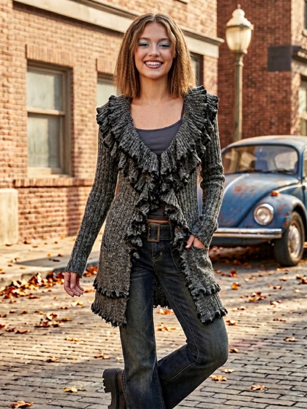 Vtg Y2k Lapis Anthropologie Fairy Knit Ruffle Long Cardigan Sweater
